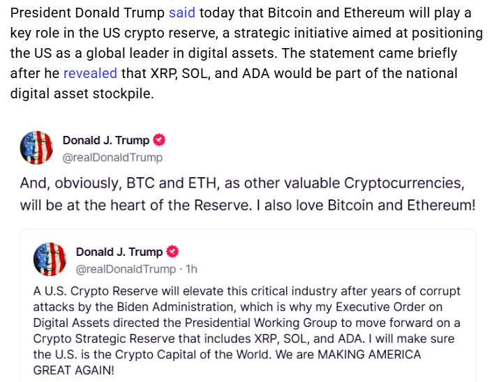 Seeing a lot of confusion about the Strategic Reserve. $BTC and $ETH are absolutely included! Its not just XRP ADA and SOL. Don't short yourself. Blackrock DID NOT create an Ethereum etf for shits and giggles.