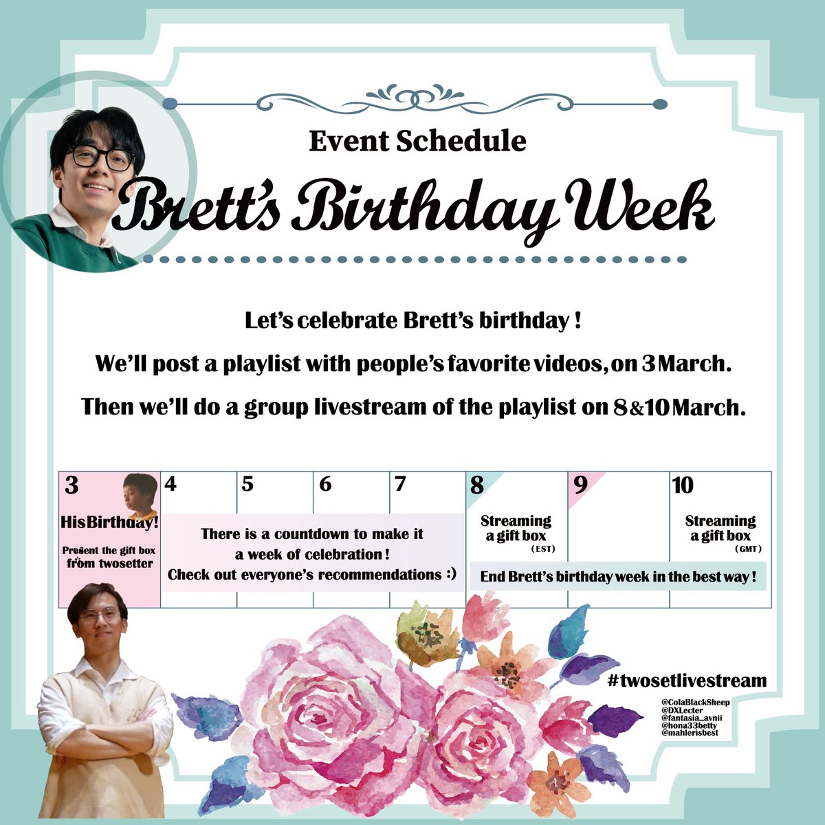 hona33betty's tweet image. Brett’s Bday Event is coming🎉 We’ll be sharing some videos throughout the week!👀 And the best part we’ll be streaming together at the end of the week! More details will be post soon! Don’t miss out on this epic birthday party!😉 #twosetlivestream