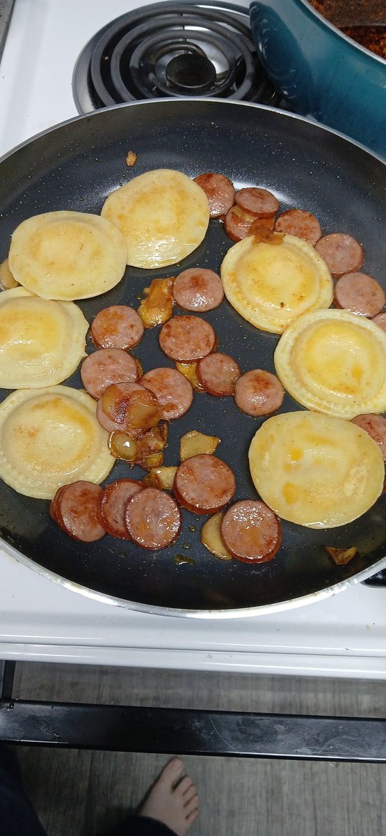 Typically I make this with pierogie but I'm using raviolis instead