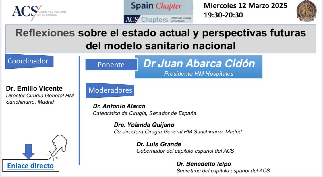Dieter Morales #yosoydelclinico (@rncsantander) on Twitter photo Ir guardando un hueco en la agenda, enlace aquí 👇👇👇👇
teams.microsoft.com/l/meetup-join/…
<a href="/IelpoB/">benedetto ielpo</a> <a href="/ACS_Spanish_Ch/">ACS Spanish Chapter</a> <a href="/aecirujanos/">aecirujanos</a> <a href="/AmCollSurgeons/">American College of Surgeons</a> <a href="/asacirujanos/">asacirujanos</a> <a href="/HpbMar/">HPB unit Hospital del Mar</a> <a href="/BalibreaJose/">Jose M. Balibrea MD, PhD, FACS</a> <a href="/me4_so/">SoMe4Surgery</a> <a href="/LandaluceAitor/">Aitor Landaluce</a> <a href="/DeliaCortesGuir/">Delia Cortés Guiral</a> <a href="/NisaFrancisca/">Francisca García-Moreno Nisa</a> <a href="/yolandaquijano/">Yolanda Quijano</a> <a href="/CirugiaSanchi/">Cirugía Sanchinarro</a> Ir guardando un hueco en la agenda, enlace aquí 👇👇👇👇
teams.microsoft.com/l/meetup-join/…
<a href="/IelpoB/">benedetto ielpo</a> <a href="/ACS_Spanish_Ch/">ACS Spanish Chapter</a> <a href="/aecirujanos/">aecirujanos</a> <a href="/AmCollSurgeons/">American College of Surgeons</a> <a href="/asacirujanos/">asacirujanos</a> <a href="/HpbMar/">HPB unit Hospital del Mar</a> <a href="/BalibreaJose/">Jose M. Balibrea MD, PhD, FACS</a> <a href="/me4_so/">SoMe4Surgery</a> <a href="/LandaluceAitor/">Aitor Landaluce</a> <a href="/DeliaCortesGuir/">Delia Cortés Guiral</a> <a href="/NisaFrancisca/">Francisca García-Moreno Nisa</a> <a href="/yolandaquijano/">Yolanda Quijano</a> <a href="/CirugiaSanchi/">Cirugía Sanchinarro</a>