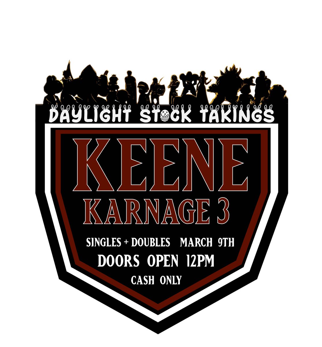 We are exactly ONE WEEK away from Keene Karnage 3: DayLight Stock Takings! Join us for Singles and Doubles which will be streamed on the KSC twitch! Doors Open at 12pm, Doubles at 1 and Singles will start at 3! Sign up and tell a friend 💜