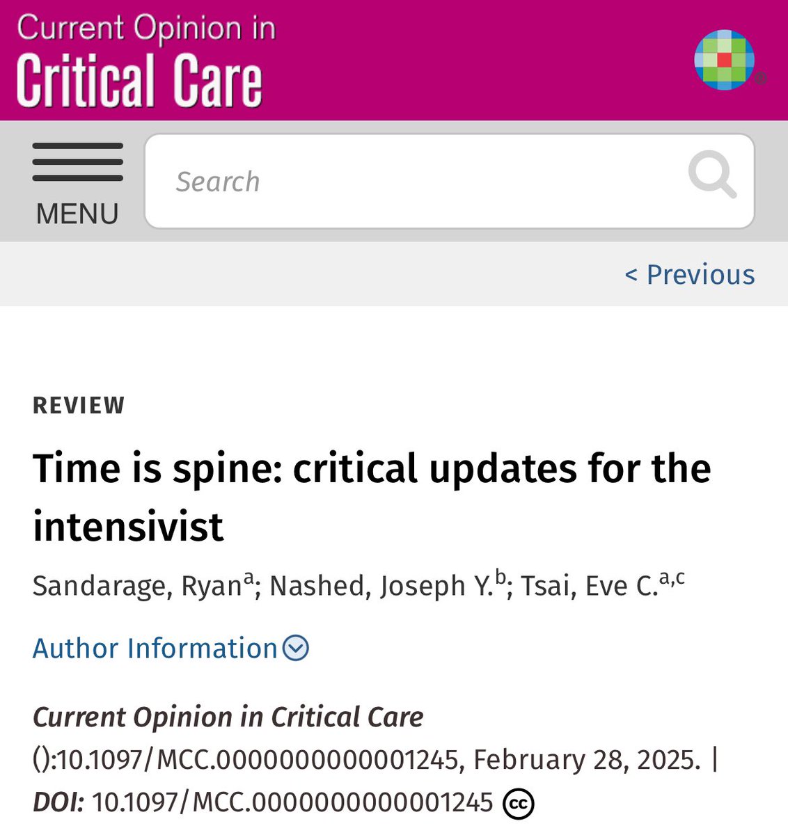 Congratulations to our PGY3, Dr. Ryan Sandarage and Dr. Eve Tsai for publishing this invited paper on “Time is #spine: critical updates for the intensivist” 
<a href="/uOttawa/">Université d'Ottawa | University of Ottawa</a> 

journals.lww.com/co-criticalcar…