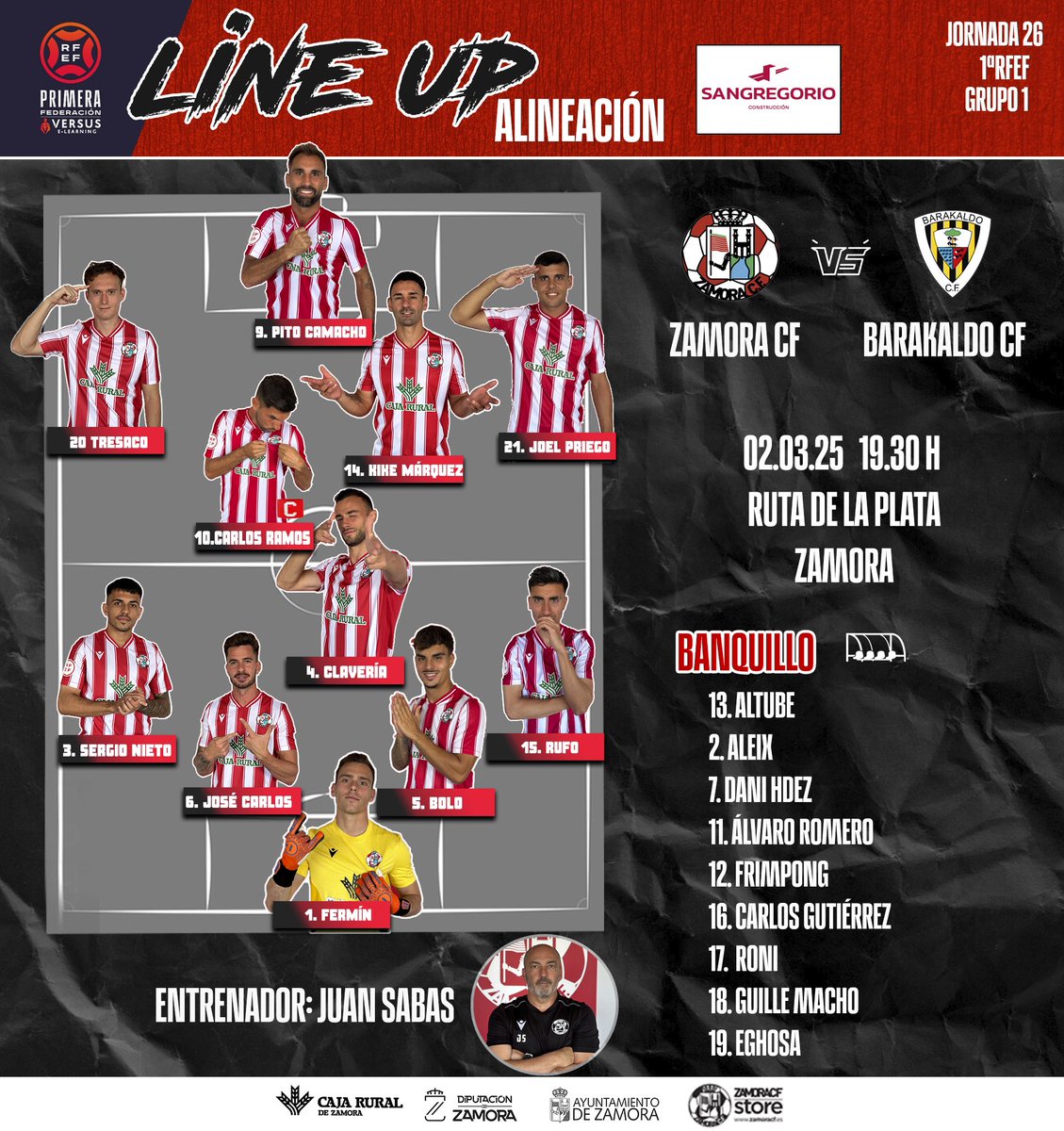 ZCFoficial's tweet photo. JORNADA 26⚽️| 

¡Ya tenemos alineaciones!👏🏼

Los elegidos por Juan Sabas frente al @BarakaldoCF serán los siguientes🤩✌🏼

#VamosMiZamora https://t.co/wgPoh72ofK