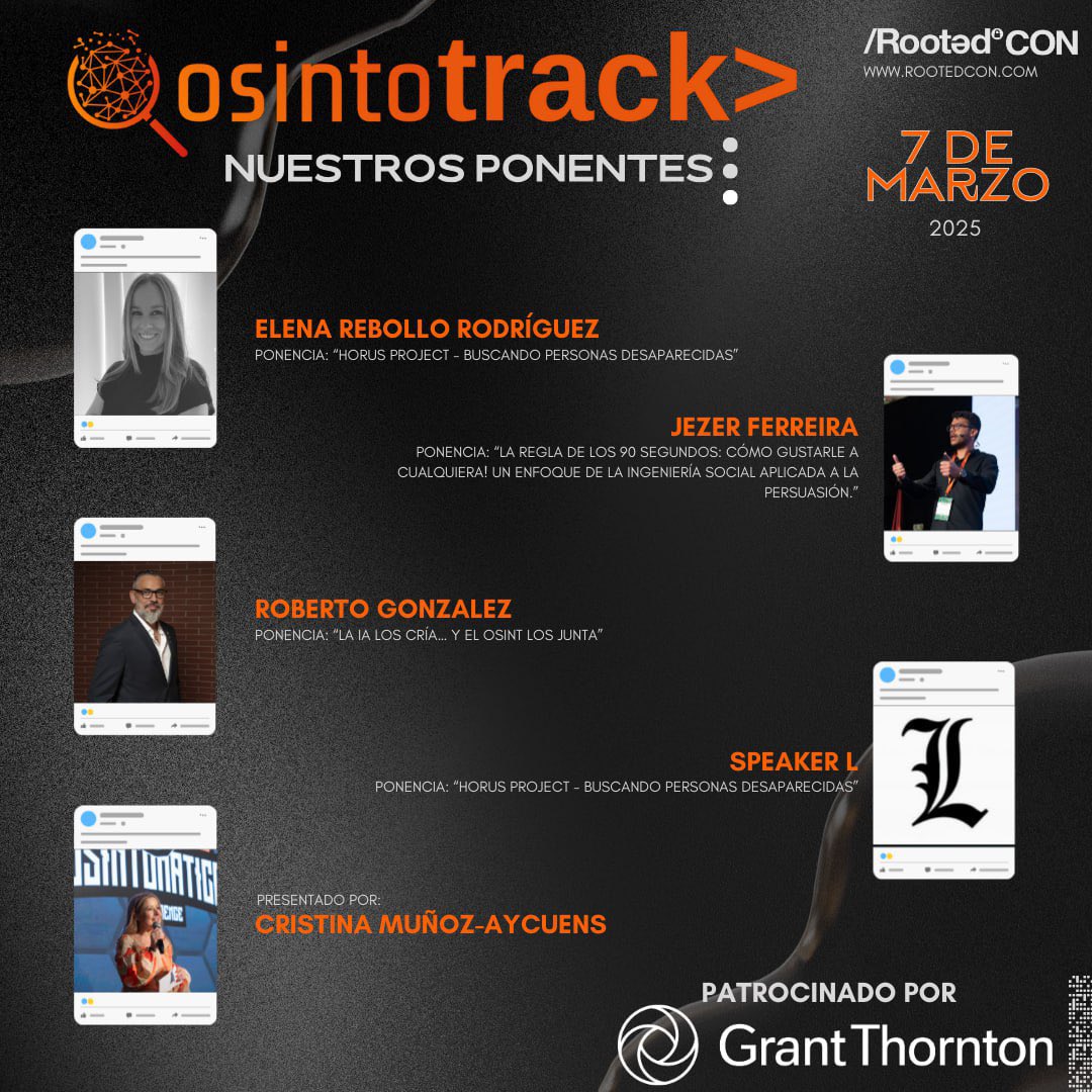 OSINTomático (@osintomatic) on Twitter photo Domingo llega la segunda parte de los ponentes del #OsintoTrack!!!!!!!!!! 🤩
😎 Guapos como pocos y con muchísimo conocimiento para mostrarte este 7 de marzo en <a href="/rootedcon/">/RootedCON</a>
<a href="/GrantThorntonSp/">Grant Thornton España</a> patrocina todo este despliegue de belleza y sabiduría traído desde #Osintomático Domingo llega la segunda parte de los ponentes del #OsintoTrack!!!!!!!!!! 🤩
😎 Guapos como pocos y con muchísimo conocimiento para mostrarte este 7 de marzo en <a href="/rootedcon/">/RootedCON</a>
<a href="/GrantThorntonSp/">Grant Thornton España</a> patrocina todo este despliegue de belleza y sabiduría traído desde #Osintomático