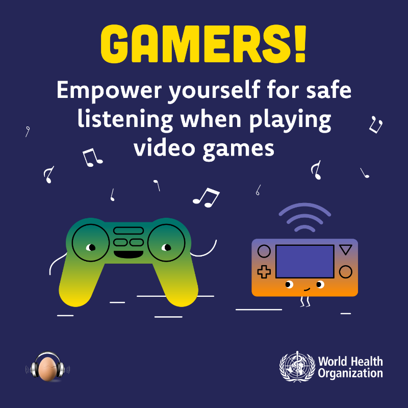 WHO's tweet photo. Today is #WorldHearingDay

Nearly 3 billion people play video games 🎮.  Are you one of them?

Gamers risk hearing loss and tinnitus from prolonged exposure to loud sounds while playing video games.

Take steps to protect your hearing health 👇 #HearingCare
