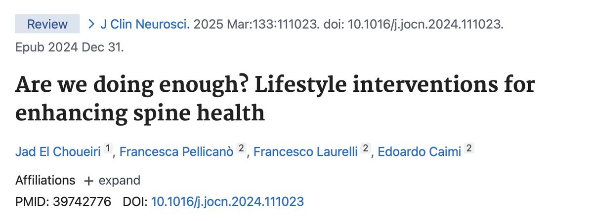 Last December, my article on lifestyle interventions for spine health has been published in the Journal of Clinical Neuroscience! We explore how diet, smoking cessation, and exercise impact spinal conditions and surgery outcomes.

Read more: doi.org/10.1016/j.jocn…