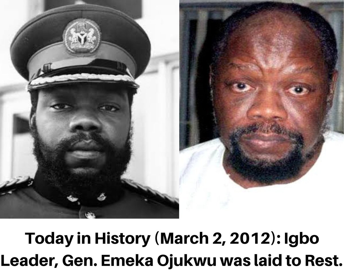 Today in History: Ojukwu Was Laid to Rest.

Gen. Emeka Ojukwu, former Military Governor of the old Eastern Region and leader of the Republic of Biafra from 1967 to 1970, was buried on this day in 2012 in his hometown of Nnewi at the age of 78.

Gone but not forgotten!