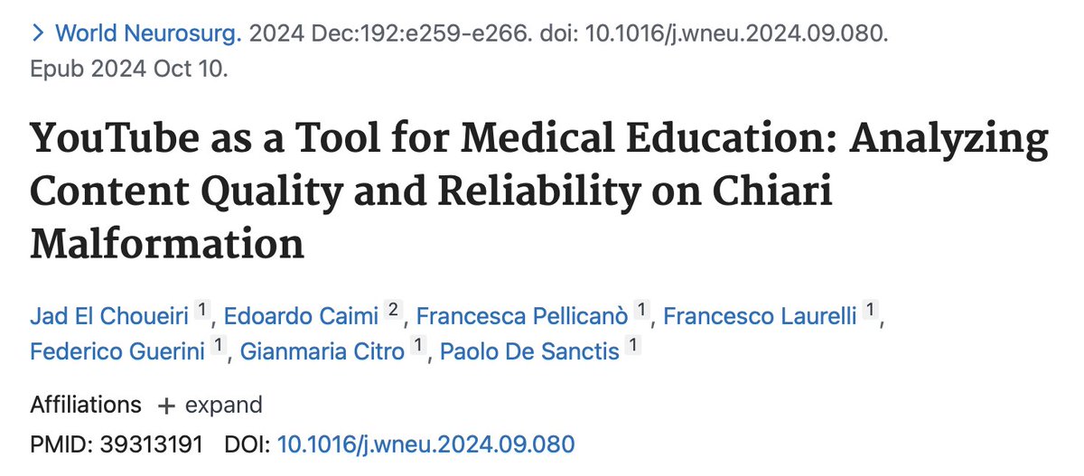 In October 2024, our original article on YouTube as a medical education tool for Chiari malformation has been published in World Neurosurgery! We assess content quality and highlight the need for credible online medical resources.

Read more: doi.org/10.1016/j.wneu…