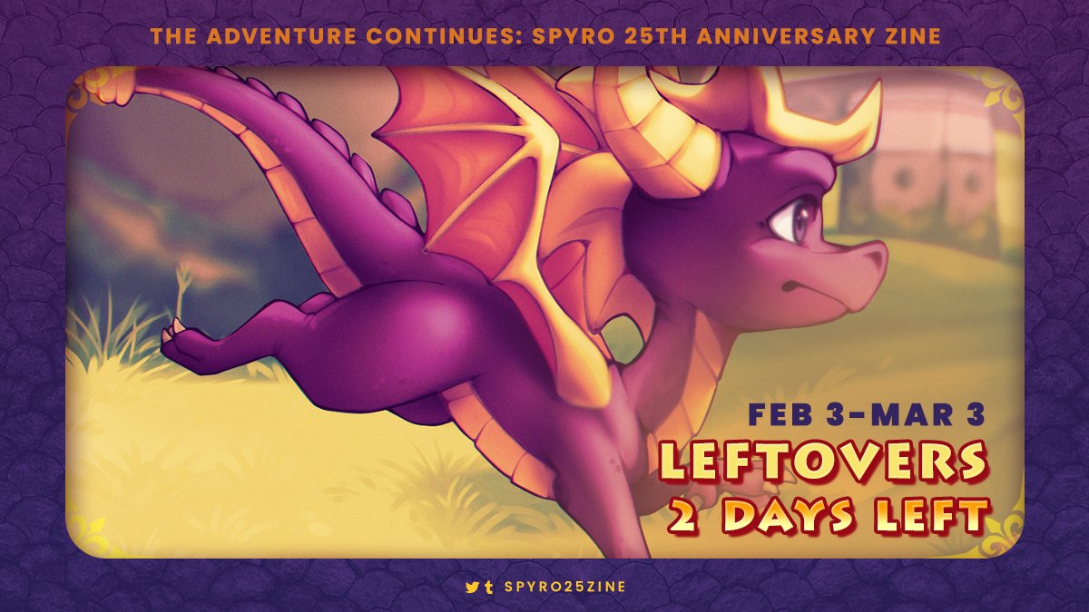 ✨ Leftovers for The Adventure Continues: A Spyro 25th Anniversary zine are open for two more days until March 3rd!

🛒 spyrozine.bigcartel.com