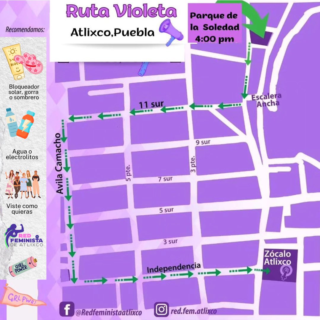 RedFemAtlixco's tweet photo. Compartimos la ruta para la marcha del 8M #Atlixco 💜💚👀👇🏾👇🏾 https://t.co/WXGSdJgeQS