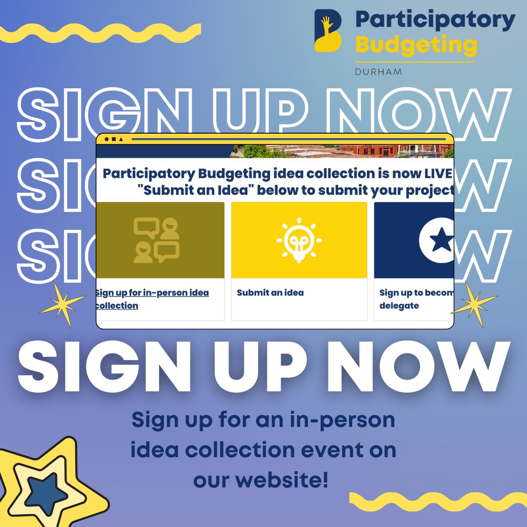 We have so many great Idea Collection Events coming up! Go to our website and sign up today or submit your ideas online on our website! #ParticipatoryBudgeting #CityofDurham #CommunityEngagement 

Sign-Ups: forms.office.com/g/rDbRzRpS1b
Website: pbdurham.org