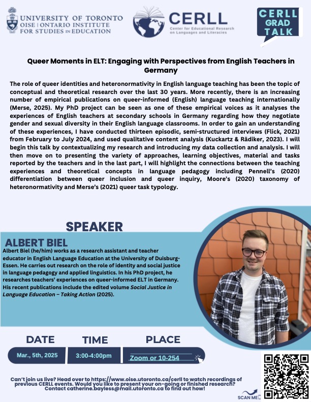 CERLL OISE (@cerlloise) on Twitter photo We are excited to share that a visiting scholar at OISE, Albert Biel, is joining us for a Grad Talk this Wednesday, at 3pm. Albert comes from the University of Duisburg-Essen and is sharing his research on queer-informed ELT. This event is both in-person and online! Register now! We are excited to share that a visiting scholar at OISE, Albert Biel, is joining us for a Grad Talk this Wednesday, at 3pm. Albert comes from the University of Duisburg-Essen and is sharing his research on queer-informed ELT. This event is both in-person and online! Register now!