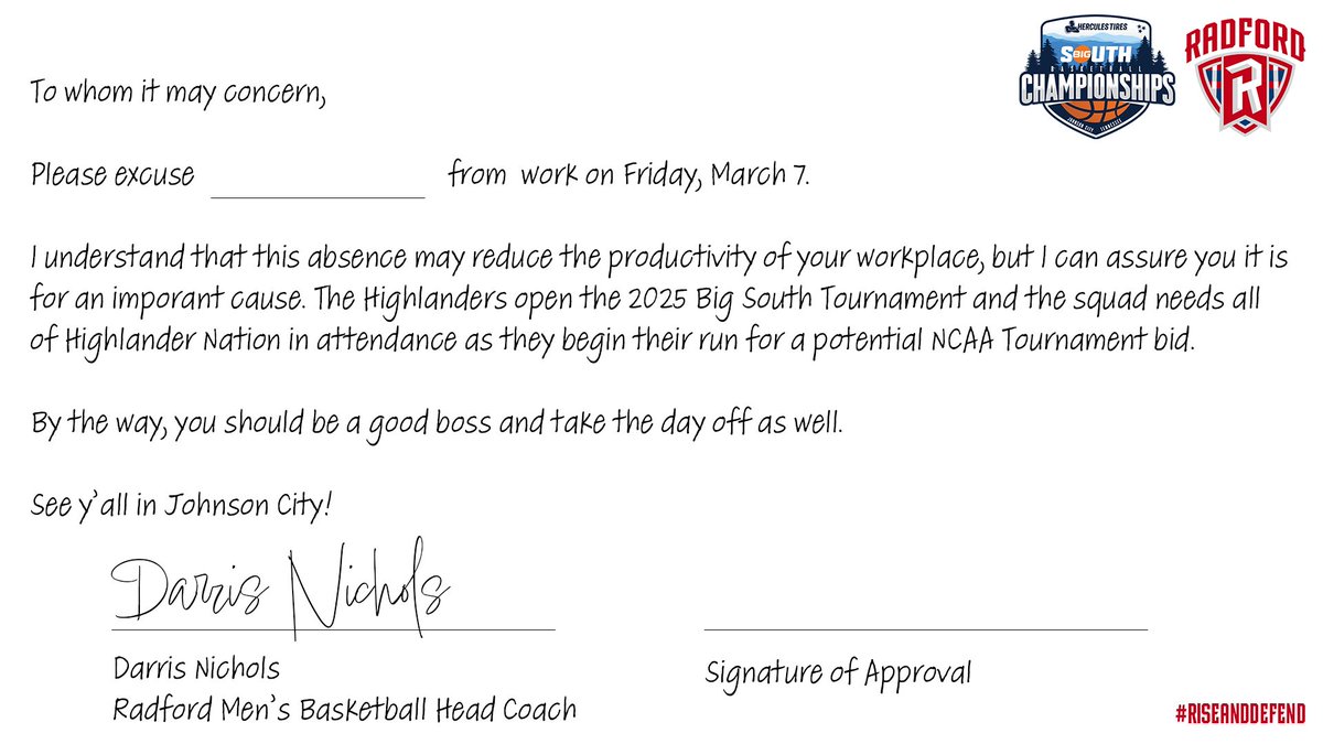 Radford Men's Basketball (@radfordhoops) on Twitter photo Need a note for work for Friday?
We told ya <a href="/DarrisNichols/">Darris Nichols</a> has you covered. 😂
See y'all in Johnson City! 🤝 Need a note for work for Friday?
We told ya <a href="/DarrisNichols/">Darris Nichols</a> has you covered. 😂
See y'all in Johnson City! 🤝