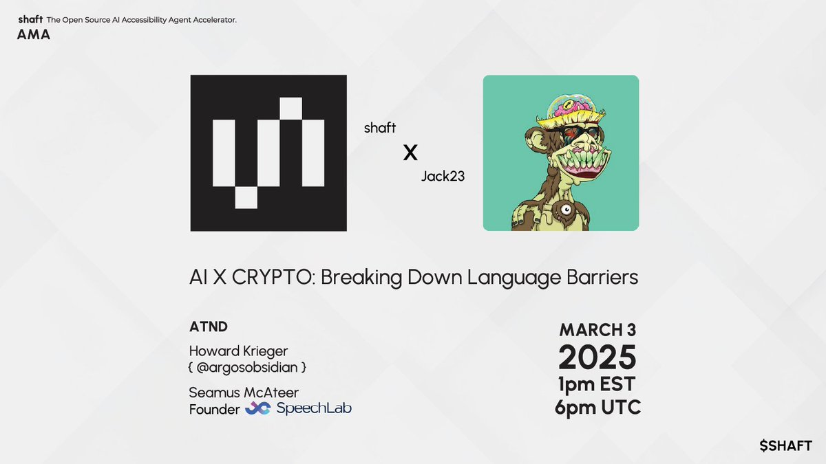 shaftfinance's tweet image. 🚀 Join Us for an AMA! 🚀
📅 Monday, March 3rd at 1 pm EST, dive into the world of #AI x #Crypto with SHAFT Foundation and @3jack23. 

🎙️What’s on Tap:
🤖Making AI do more than just chat—real-world empowerment!
💡How @Speechlab_ai turns ideas into action (and $$)
🪙Token…