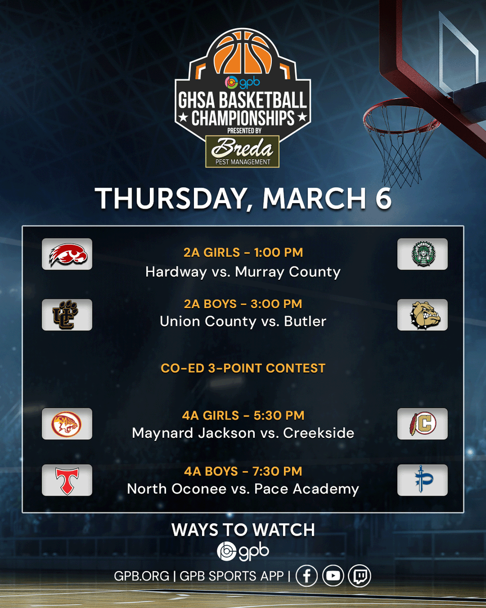 GPB Sports (@gpbsports) on Twitter photo 🏀 Day 2
1 PM: 2A Girls - <a href="/HardawayHoopsGB/">Hardaway Hoops Girls Basketball</a> vs. <a href="/MCHS_Indians/">Murray County HS</a>
3 PM: 2A Boys - <a href="/ucpanthersbball/">Union County Men’s Basketball</a> vs. <a href="/TheLump_MBB/">Butler High School Men’s Basketball</a>
Co-Ed 3-point Contest: After 2A Boys final.
5:30 PM: 4A Girls - @mjjgirlsbball vs. <a href="/CreeksideWBB/">CreeksideWBB</a>
7:30 PM: 4A Boys - <a href="/NOHSTitansBball/">North Oconee Titans Basketball</a> vs. <a href="/Pace_Hoops/">Pace Academy Men’s Basketball</a> 🏀 Day 2
1 PM: 2A Girls - <a href="/HardawayHoopsGB/">Hardaway Hoops Girls Basketball</a> vs. <a href="/MCHS_Indians/">Murray County HS</a>
3 PM: 2A Boys - <a href="/ucpanthersbball/">Union County Men’s Basketball</a> vs. <a href="/TheLump_MBB/">Butler High School Men’s Basketball</a>
Co-Ed 3-point Contest: After 2A Boys final.
5:30 PM: 4A Girls - @mjjgirlsbball vs. <a href="/CreeksideWBB/">CreeksideWBB</a>
7:30 PM: 4A Boys - <a href="/NOHSTitansBball/">North Oconee Titans Basketball</a> vs. <a href="/Pace_Hoops/">Pace Academy Men’s Basketball</a>