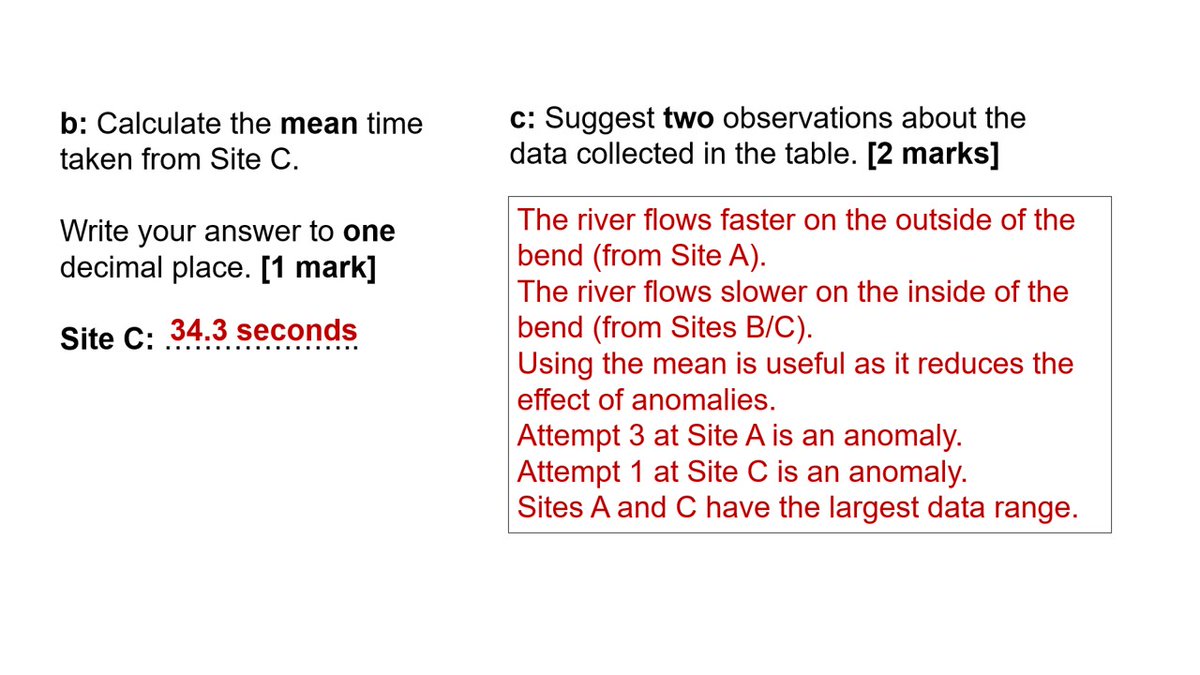 Meander maths: Here’s a past exam question where students calculate the mean river speed across the channel in a fieldwork scenario. Also involves data analysis and rivers revision. Model answer in shared folder - link above. Credit: OCR. #geography #geographyteacher #teachers