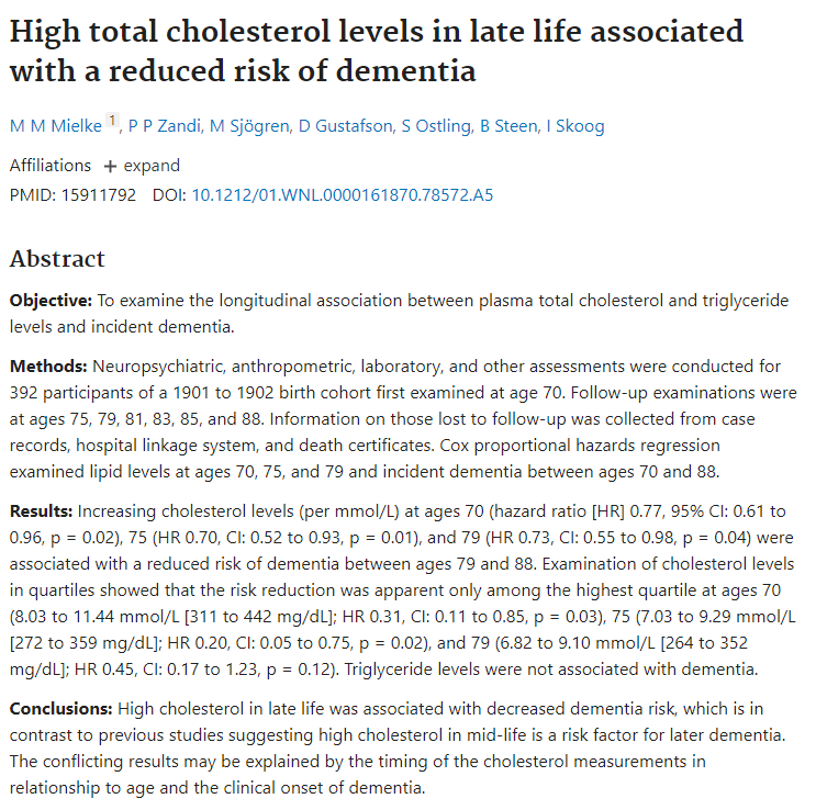 High cholesterol levels are associated with up to 80% lower risk of dementia.

Makes me wonder how much our obsession with lowering cholesterol is increasing dementia in the elderly.