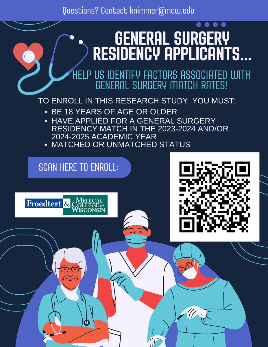 🗣️#GenSurgMatch2025 applicants! While you are patiently (or not so patiently) waiting for match day...please enroll in our short survey to help us better understand factors affecting match rates! Learn more/enroll here: mcwisc.co1.qualtrics.com/jfe/form/SV_bd…