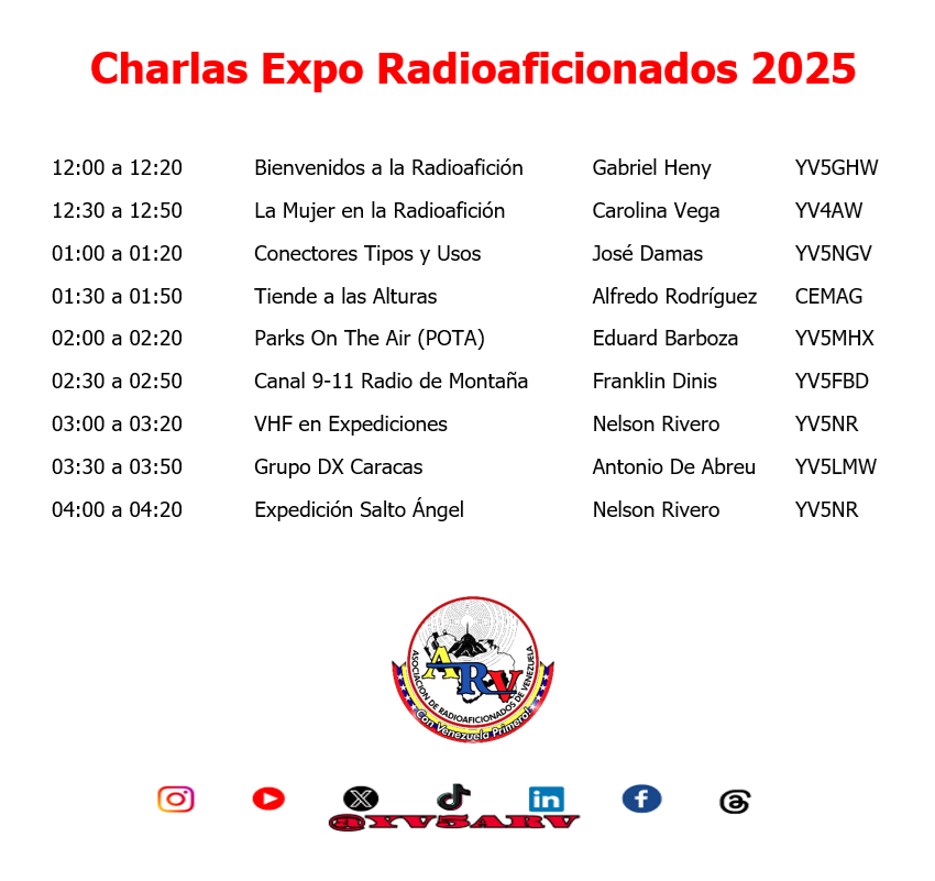 YV5ARV's tweet photo. La YV5ARV les invita cordialmente a la Expo Radioaficionados 2025 y con ella un emocionante ciclo de charlas en nuestro salón de conferencias. Les invitamos a descubrir el programa que hemos preparado para este día, con diversos temas del fascinante mundo de la Radioafición https://t.co/r2JP038j9b
