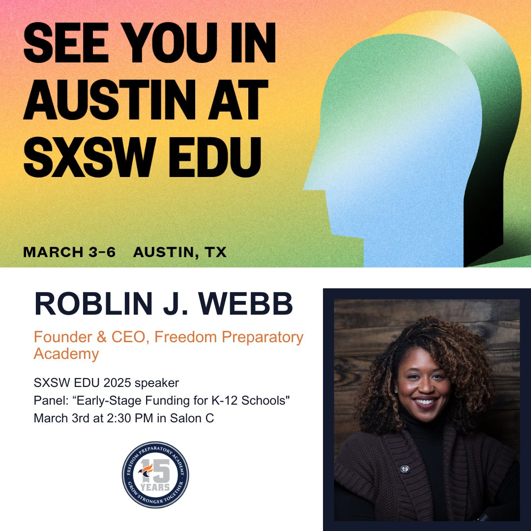 Join the conversation at #SXSWEDU 2025! Our Founder &amp; CEO, Roblin Webb, joins an expert panel on Early-Stage Funding for K-12 Schools alongside NguyenHuynh, Kathryn McHugh, &amp; Kimberly Neal Brannum.

📅 March 3 | 2:30 PM
📍 Hilton Austin Downtown, Salon C 
schedule.sxswedu.com/2025/events/PP…