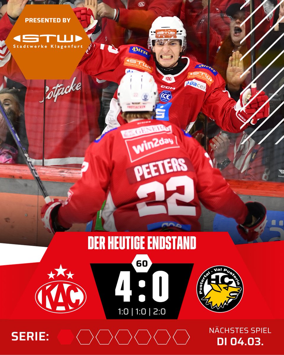 Die #Rotjacken gehen in der Viertelfinalserie der #ICEplayoffs gegen den HC Pustertal in Führung. #KACHCP #RocknRoll