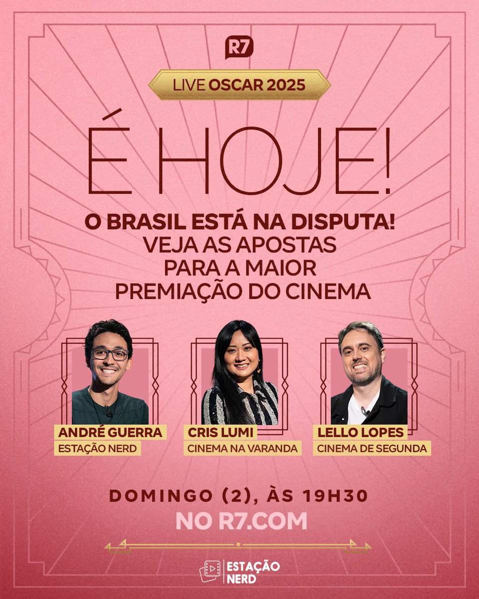 HOJE TEM BRASIL NO OSCAR! 🇧🇷🎬

Neste domingo (2), a partir das 19h30, o R7 faz um aquecimento para a maior festa do cinema mundial. Neste ano, a premiação pode ser histórica, visto que há chances de o Brasil levar a primeira estatueta. 🏆 André Guerra (<a href="/estacaonerd/">Estação Nerd</a>), Cris Lumi
