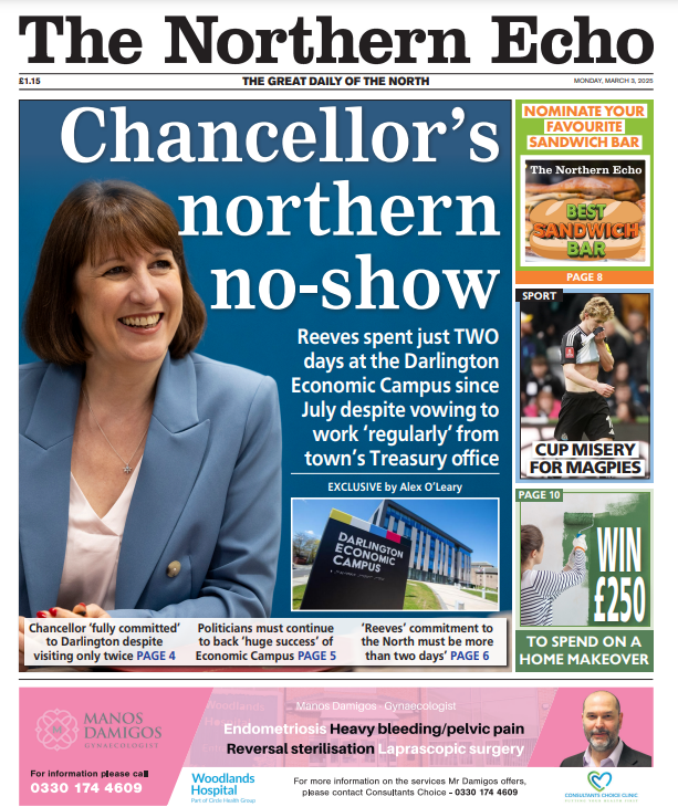 Nick Gullon (@echonickg) on Twitter photo Monday's <a href="/TheNorthernEcho/">The Northern Echo</a> 🗞️
🚨Chancellor's northern no-show 🚨
Despite promise to work from Darlington 'regularly', Rachel Reeves has spent just TWO days at the town's Economic Campus since Labour's election victory
✍️Exclusive <a href="/alexoljourno/">Alex O'Leary</a>
#TomorrowsPapersToday Monday's <a href="/TheNorthernEcho/">The Northern Echo</a> 🗞️
🚨Chancellor's northern no-show 🚨
Despite promise to work from Darlington 'regularly', Rachel Reeves has spent just TWO days at the town's Economic Campus since Labour's election victory
✍️Exclusive <a href="/alexoljourno/">Alex O'Leary</a>
#TomorrowsPapersToday