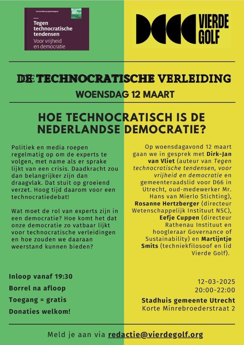 Worden we geregeerd door experts en #technocraten? En is dat in sommige situaties misschien best een goed idee? En zonee, hoe valt dit te voorkomen?
Kom op 12 maart naar Utrecht voor dit debat ism <a href="/VierdeGolf/">De Vierde Golf</a>  <a href="/VMStichting/">Van Mierlo Stichting</a> . Meld je aan!  --> redactie@vierdegolf.org