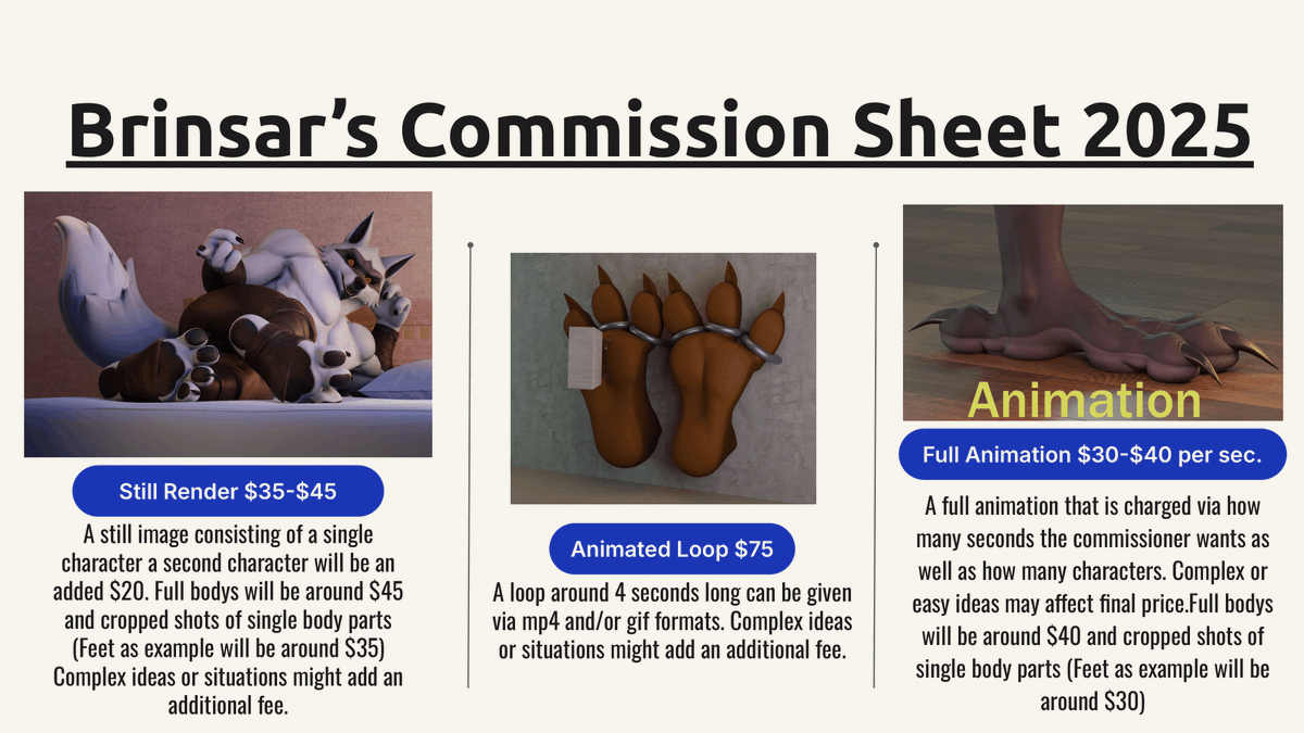 Following the post from yesterday I have made a more informative price sheet rather than a very stupid render to advertise my prices if you are interested hit me up on twitter bluesky or furaffinity dms!