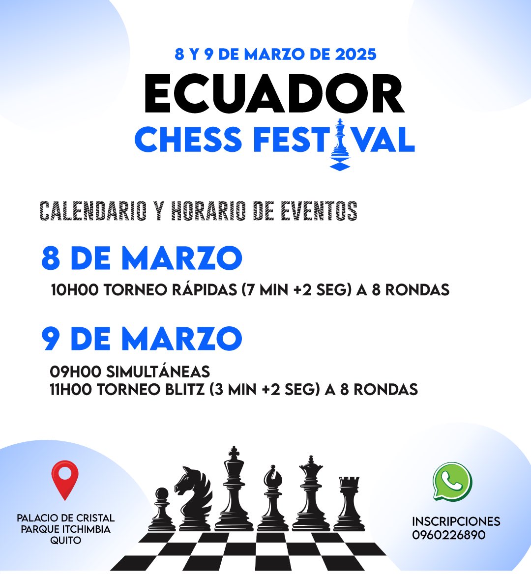 ¡Únete al Ecuador Chess Festival! Inscríbete ya 🙌

📍Torneos y simultáneas de ajedrez este 8 y 9 de marzo. No importa tu nivel de ajedrez o edad, todos pueden participar 🕶️

Ven al festival y conoce al legendario Gran Maestro <a href="/pepeich_cuenca/">José Cuenca Jiménez</a> 🇪🇸, la Maestra Internacional