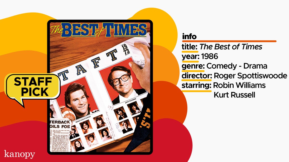 Kanopy's tweet photo. Staff Pick of the Week:
THE BEST OF TIMES (1986) A small-town loser (#RobinWilliams) is determined to have one more shot at winning a football game that ended in a tie over a decade ago. https://t.co/otYABpwkeF #filmsthatmatter Available: ๐บ๐ธ Access may vary by library. https://t.co/jnvXfTWlsj