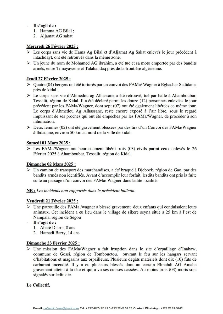 ag_attarikhe's tweet photo. Le Collectif pour la Défense des Droits du Peuple de l'#Azawad communique, le bulletin hebdomadaire des violations des droits humains dans l'#Azawad du 24 février au 02 Mars 2025 !

@HamadiBoubacar @Walid_Leberbere 🫡 https://t.co/R82cI0CSHg