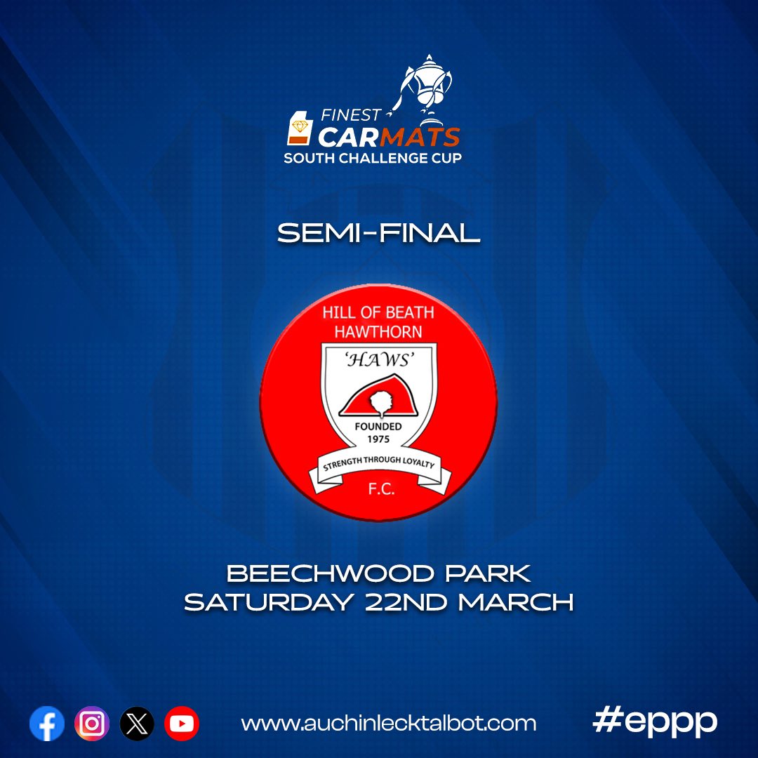 Auchinleck Talbot (@atfc1909) on Twitter photo 🗓️ After our victory yesterday afternoon in the <a href="/SouthChallenge/">FinestCarMats.co.uk South Challenge Cup</a> we will face Hill of Beath Hawthorn at Beechwood on the 22nd of March in the semi-finals
This means that the current fixture away to Shotts Bon Accord will be postponed and updated when able to
#eppp 🗓️ After our victory yesterday afternoon in the <a href="/SouthChallenge/">FinestCarMats.co.uk South Challenge Cup</a> we will face Hill of Beath Hawthorn at Beechwood on the 22nd of March in the semi-finals
This means that the current fixture away to Shotts Bon Accord will be postponed and updated when able to
#eppp