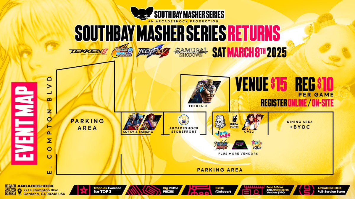 Ke11y Ann | XBF💕SS7 T.O. @ Combo Breaker: AIT2025 (@ke11yann_) on Twitter photo #SAMURAISHODOWN | #KOFXV | #CVS2 | #TEKKEN8
Attend #SouthBayMasherSeries Los Angeles CA
Sat, 3/8/2025 <a href="/ArcadeShock/">ARCADESHOCK - EVO LAS VEGAS 2025</a>
Top 3 > trophy🏆& split-pot💰
SNK provided merch🆒
Live Streams📺
Food/Artist Vendors 🧋🌮🎨🎪
Raffles🎟️
BYOC🕹️
Pre-register 4 headcount: start.gg/SBMSeries #SAMURAISHODOWN | #KOFXV | #CVS2 | #TEKKEN8
Attend #SouthBayMasherSeries Los Angeles CA
Sat, 3/8/2025 <a href="/ArcadeShock/">ARCADESHOCK - EVO LAS VEGAS 2025</a>
Top 3 > trophy🏆& split-pot💰
SNK provided merch🆒
Live Streams📺
Food/Artist Vendors 🧋🌮🎨🎪
Raffles🎟️
BYOC🕹️
Pre-register 4 headcount: start.gg/SBMSeries