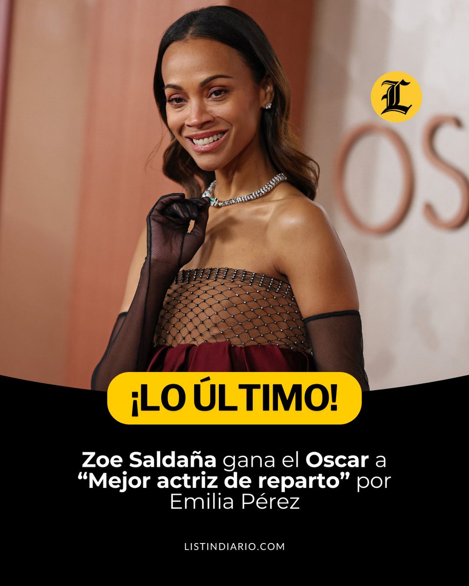 ListinDiario's tweet photo. #LoÚltimoLD | La actriz de origen dominicano Zoe Saldaña ganó su primer Oscar la noche de este domingo como "Mejor actriz de reparto" por su actuación en 'Emilia Pérez'. 

'Emilia Pérez' lidera con 13 las nominaciones de esta edición de los premios de la Academia de Hollywood. 

#Oscar #Oscars2025 #ListínDiario