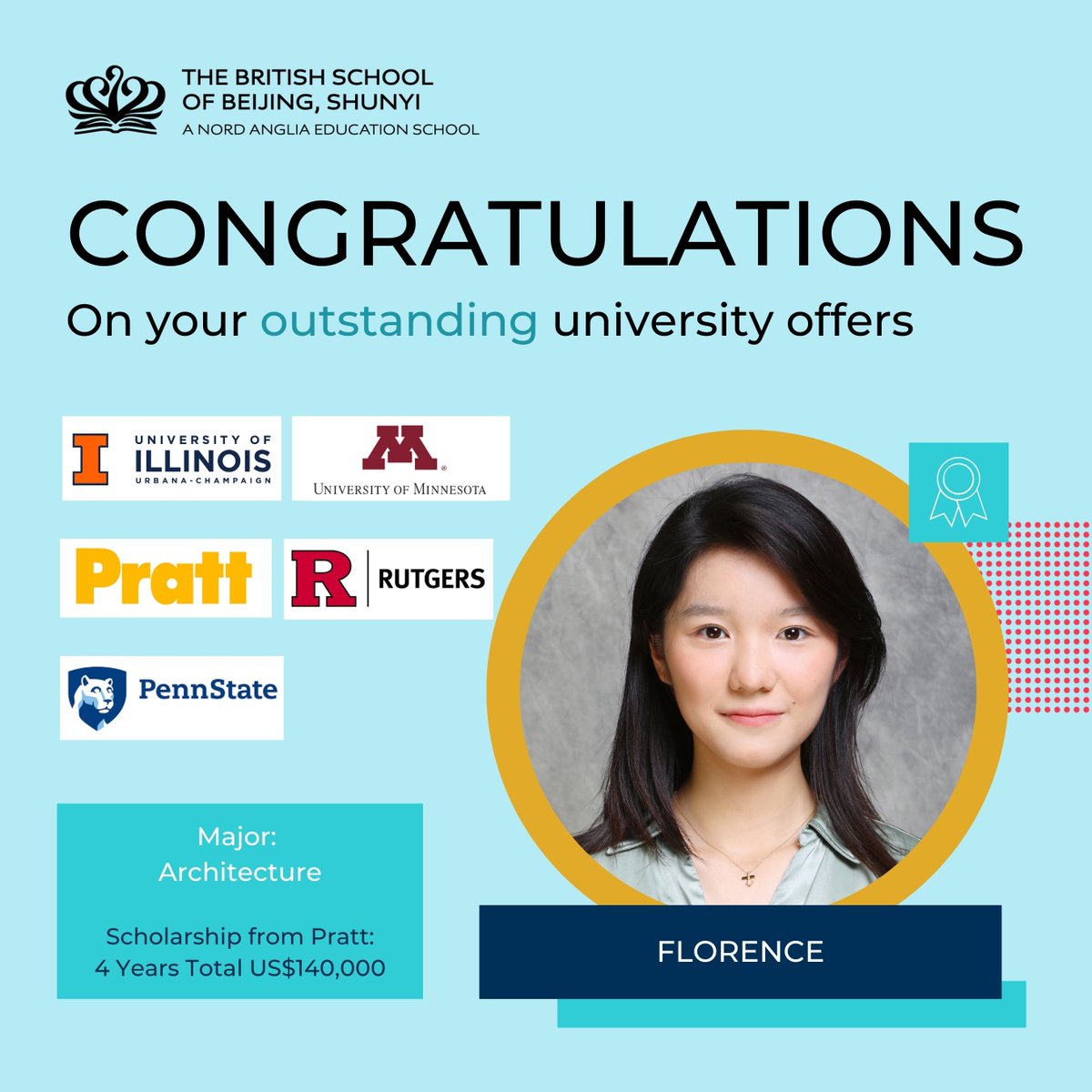 BSB_Shunyi's tweet image. Congratulations Florence who has a scholarship of USD140,000 to study Architecture from Pratt Institute. “Attending BSB has given me a solid academic foundation through its demanding curriculum and the guidance of experienced teachers.
#BSBShunyi #NAEAchiever #Class of 2025