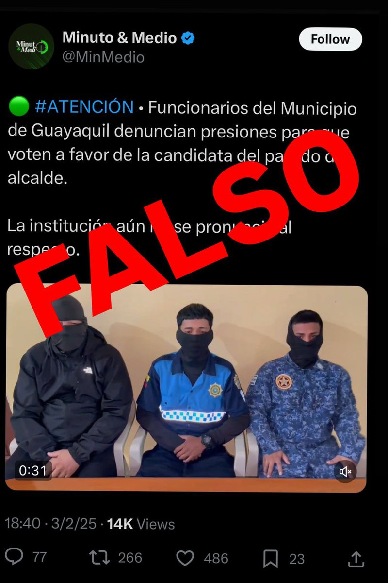 alcaldiagye's tweet photo. ⚠️ ATENCIÓN🔴

El Municipio de Guayaquil informa que la supuesta denuncia de trabajadores municipales siendo obligados a publicar en sus redes sociales bajo amenazas de despido es FALSA.
 El Municipio de Guayaquil cree en la libertad de expresión y derecho al voto de todos y cada uno de nuestros trabajadores. 

@aquilesalvarez
