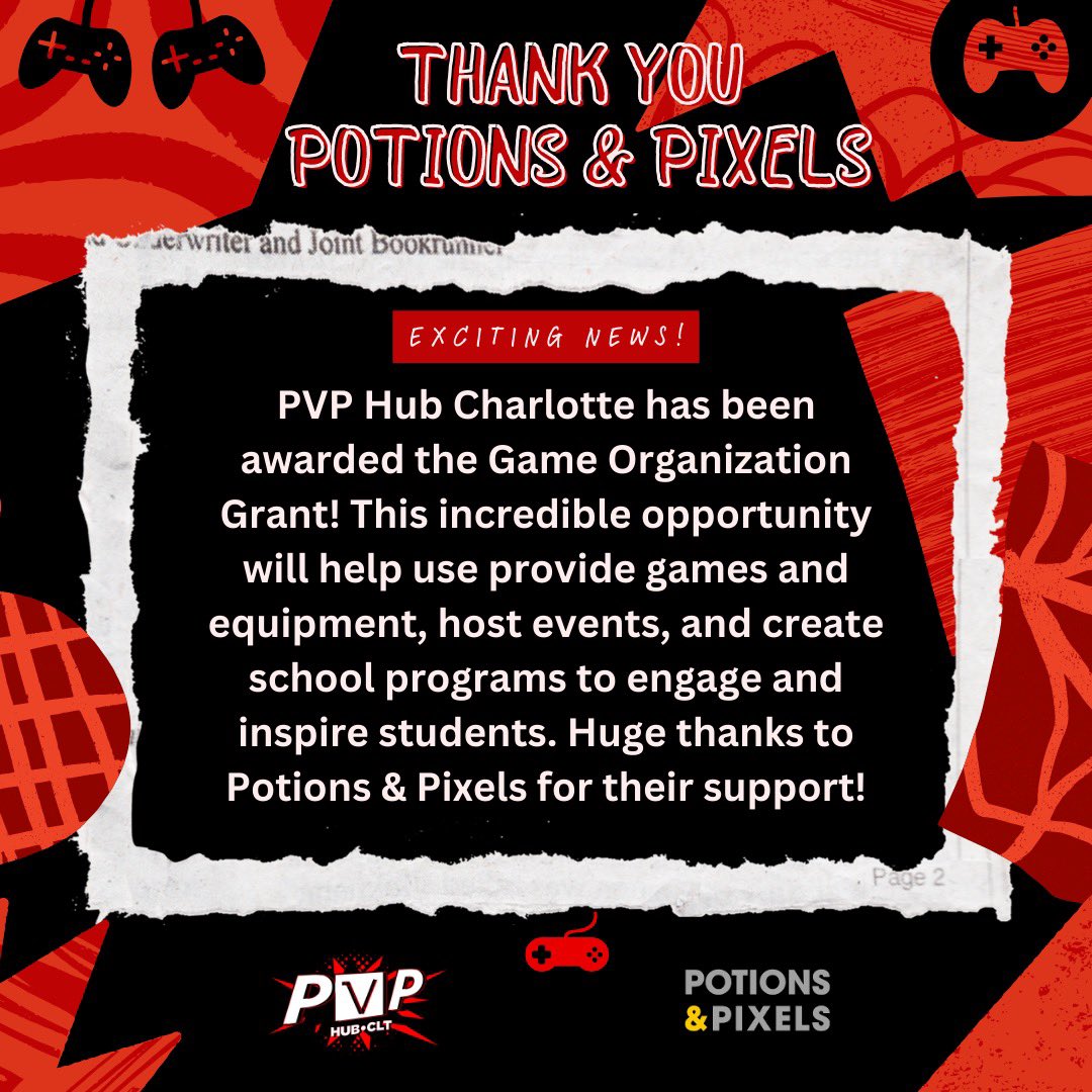Exciting news! 🎉 We’ve been awarded the Game Organization Grant! This incredible opportunity will help us provide games and equipment for events, and create school programs to engage and inspire students. Huge thanks to <a href="/PotionsPixels/">POTIONS & PIXELS</a> for their support! #communitygaming 🎮❤️