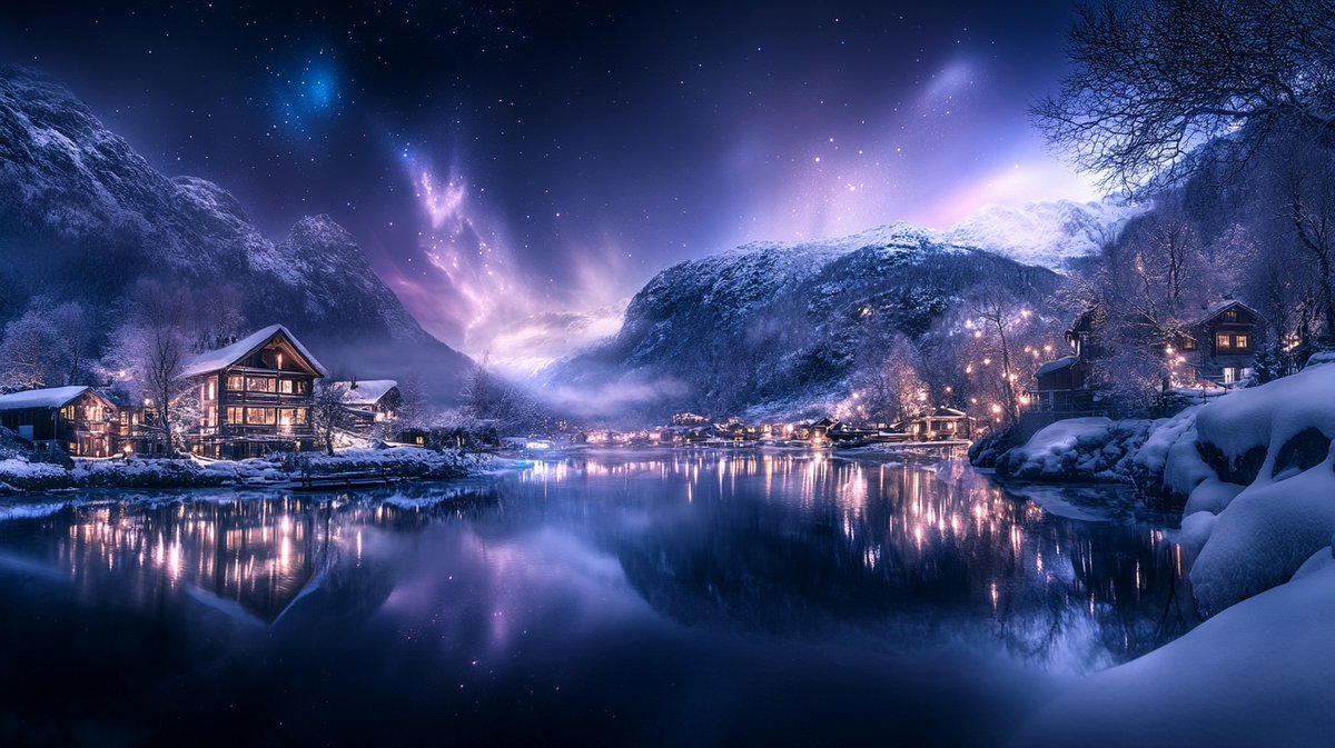 AuroraSnow145's tweet image. "A mesmerizing winter night with the aurora borealis dancing over a frozen lake." But that's a bit basic. I want to convey the colors and the reflection too