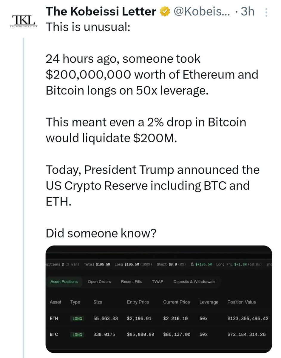 Jaw-dropping corruption in the US:

Trump's billionaire crypto czar is heavily invested in a fund whose top 5 holdings are the 5 in the US government Crypto Strategic Reserve.

Mere hours before Trump announced it, someone bought $200 million in Ethereum &amp; Bitcoin on 50X LEVERAGE