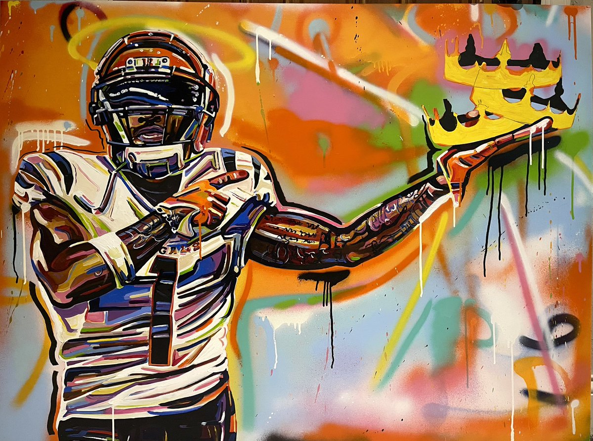 Update #3 - color added and ready for foil!!! Triple Crown Ja’Marr Chase original painting in the making.  🐅🎨👑 #art