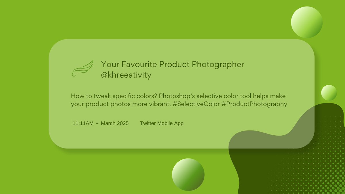 Khreeativity's tweet image. Want to tweak specific colors? Photoshop’s selective color tool helps make your product photos more vibrant. #SelectiveColor #ProductPhotography