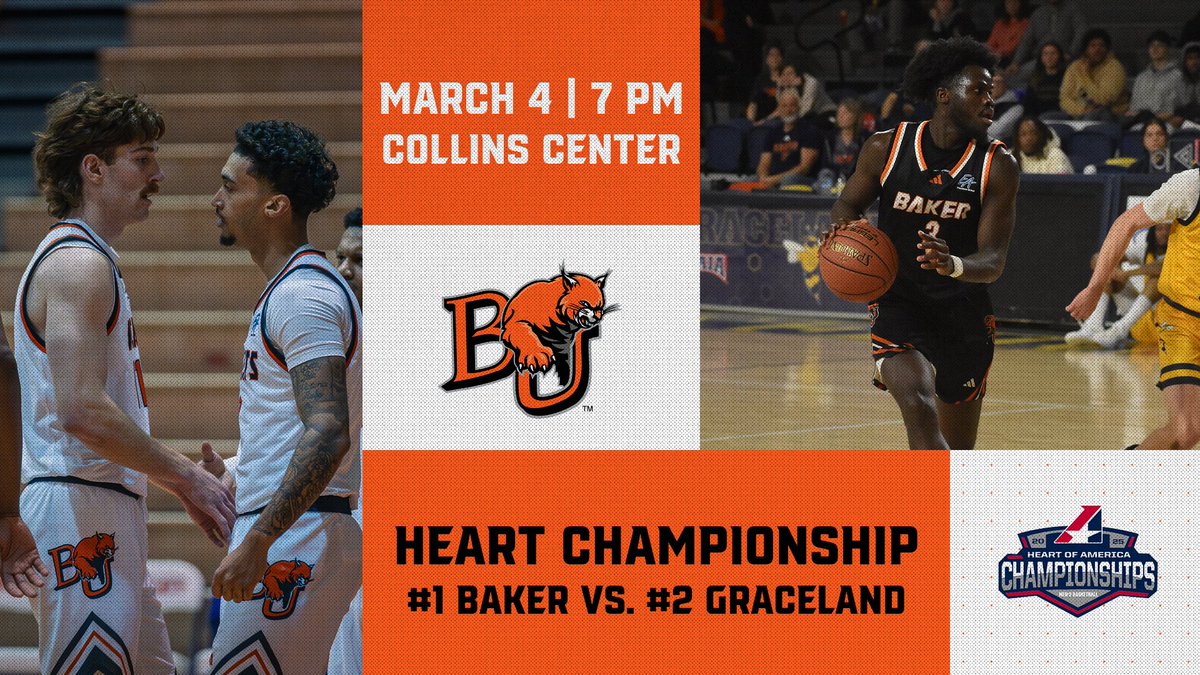 BakerAthletics's tweet photo. MBB: For the 2nd straight year, @BU_Hoops will host the Heart MBB Championship game!! #1 Baker will face #2 Graceland for a chance to sweep the @HeartSportsNews titles!

Tipoff is at 7 p.m. on Tuesday, March 4 inside the Collins Center!!

#BakerBuildsChampions https://t.co/uVWptMca17