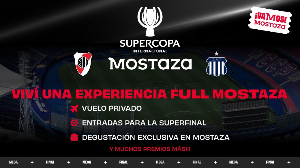 👀 ¿Quién para viajar a la final RIVER - TALLERES? ⚽️🎉
⏳Tenemos hasta las 18 hs del lunes 3-3 para que #vamosmostaza sea TT. Vamos a sortear los premios entre los tweets con más likes y rts sobre el partido  que tengan el hashtag #VAMOSMOSTAZA. Premios acá abajo. Haz tu magia,