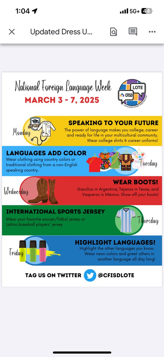 Jersey Village LOTE (@jvlote) on Twitter photo Please help spread the word…this week is National Foreign Language Week. See dress-up days and check out some of the benefits of learning a second language! potomac.edu/benefits-of-le…
<a href="/MsRuizLaMaestra/">Mrs. Ruiz-Yancy</a> <a href="/srtagonzalezjv/">Srta. González</a> <a href="/gonzbetty31/">Sehablaespañol</a> <a href="/ms_mgrvz/">Ms. Rodríguez</a> <a href="/jvhsprincipal/">Ms. Wiley</a> Please help spread the word…this week is National Foreign Language Week. See dress-up days and check out some of the benefits of learning a second language! potomac.edu/benefits-of-le…
<a href="/MsRuizLaMaestra/">Mrs. Ruiz-Yancy</a> <a href="/srtagonzalezjv/">Srta. González</a> <a href="/gonzbetty31/">Sehablaespañol</a> <a href="/ms_mgrvz/">Ms. Rodríguez</a> <a href="/jvhsprincipal/">Ms. Wiley</a>