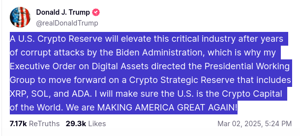 ALFEIOSPOTAMOS's tweet photo. ΗΠΑ. Ο Trump δημιουργεί Στρατηγικό Αποθεματικό Κρυπτογράφησης σε XRP, SOL και ADA !! https://t.co/TFoT12UcxF https://t.co/m1XF0gVdGm