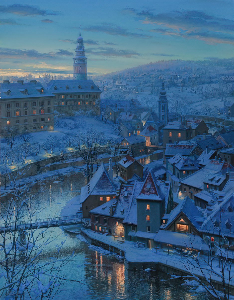🎨 Günümüzde ışığı en iyi kullanan ressamlardan biri olarak kabul edilen Rus ressam Evgeny Lushpin'den müthiş bir kış manzarası: Krumlov.