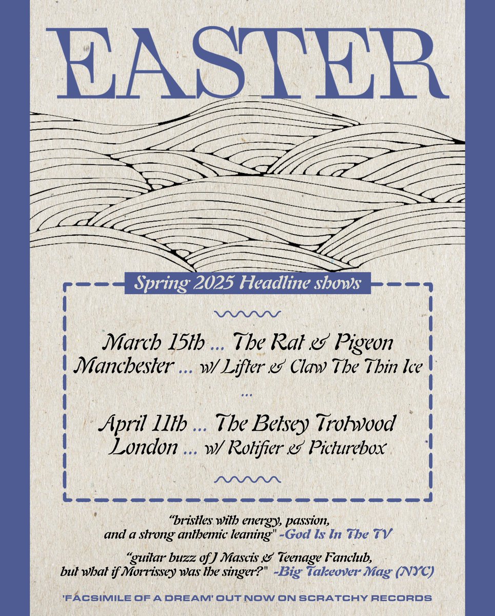 Easter (@easterband) on Twitter photo Facsimile of a Dream has been out a year! And we have two headline shows coming up: March 15th Manchester & April 11th London! <a href="/scratchytwit/">scratchy records</a> tix linktr.ee/easterband Facsimile of a Dream has been out a year! And we have two headline shows coming up: March 15th Manchester & April 11th London! <a href="/scratchytwit/">scratchy records</a> tix linktr.ee/easterband