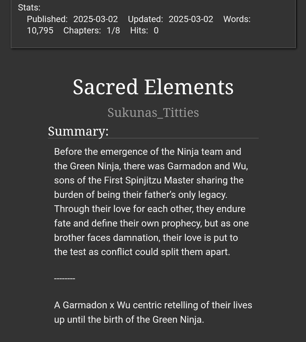 A___Priv's tweet photo. GarmaWu fic finally here

Sacred Elements
Garmadon x Wu centric #Sinjago
https://t.co/lQzAeF3Cj8 https://t.co/80Arx2c6yc