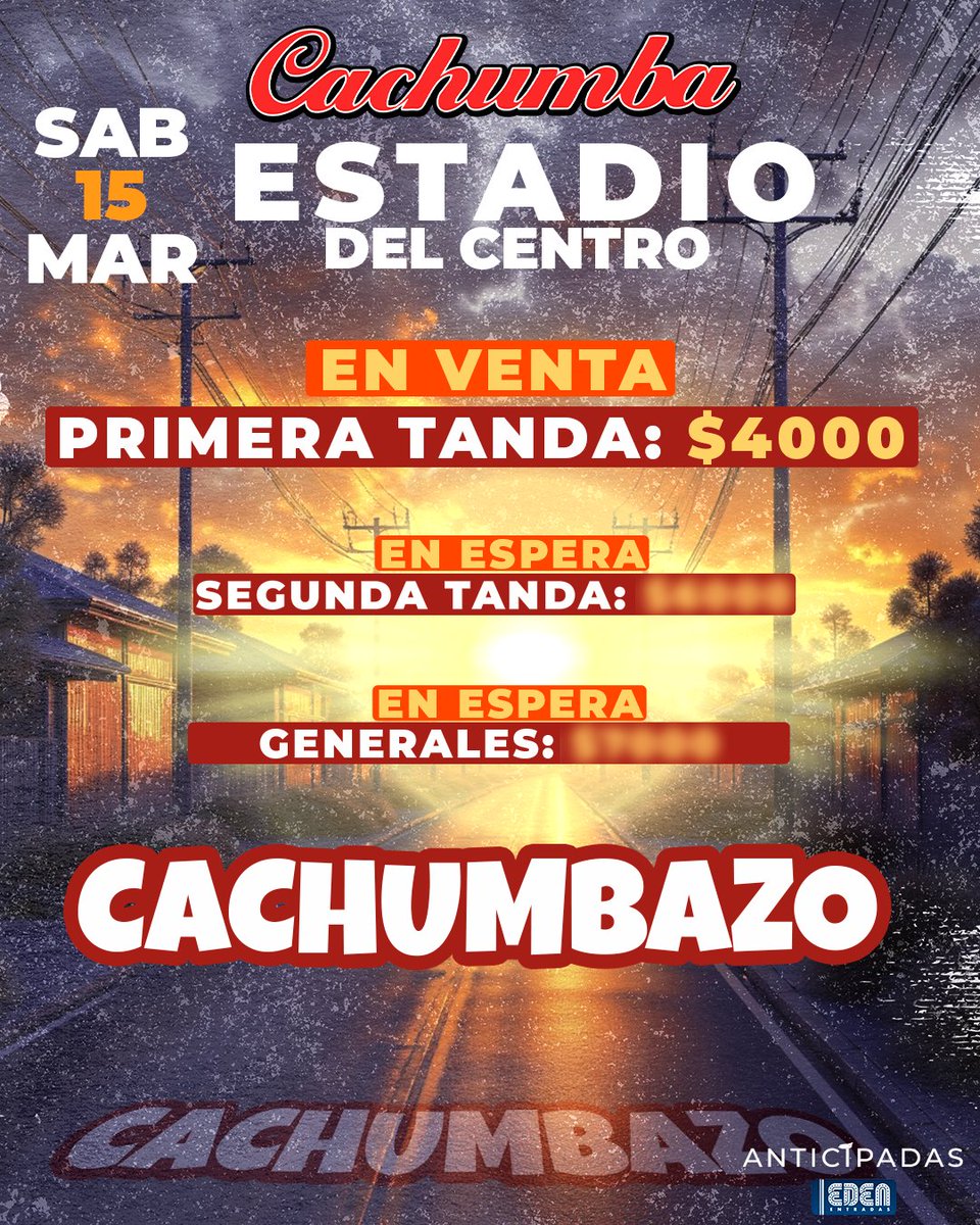 📢🔥 ¡SE VIENE EL CACHUMBAZO! 🔥📢
📆 SÁBADO 15 DE MARZO
📍 Estadio del Centro
🎟️ Anticipadas en venta - Primera tanda: $4000
🥃 CON TU ENTRADA: 2x1 en Fernet y Vodka toda la noche
🎶 Baile sin pausa + Canciones inéditas
🎫 Entradas en Eden Entradas 🎫